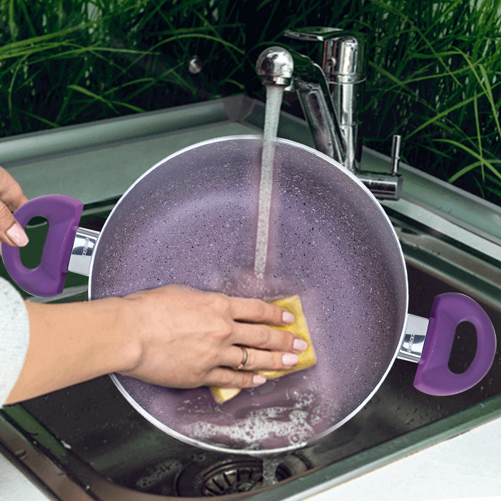 Royal Velvet 24cm Casserole with Glass Lid I Induction Ready | Soft-touch handles |Non – Toxic I Virgin Aluminium| 3 mm thick | 4.5 litres | 2 year warranty | Purple