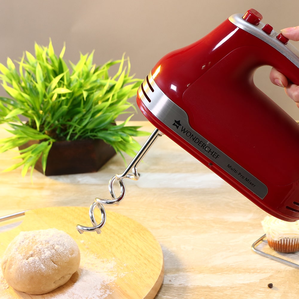 Crimson Edge 5 Speed Electric Hand Mixer | 300W Powerful Copper Motor | TurboSpeed I Adjustable Slow Speed Start I Hand Blender | Stainless Steel Whisk Beaters and Dough Hooks | 2 Years Warranty | Bakeware I Red