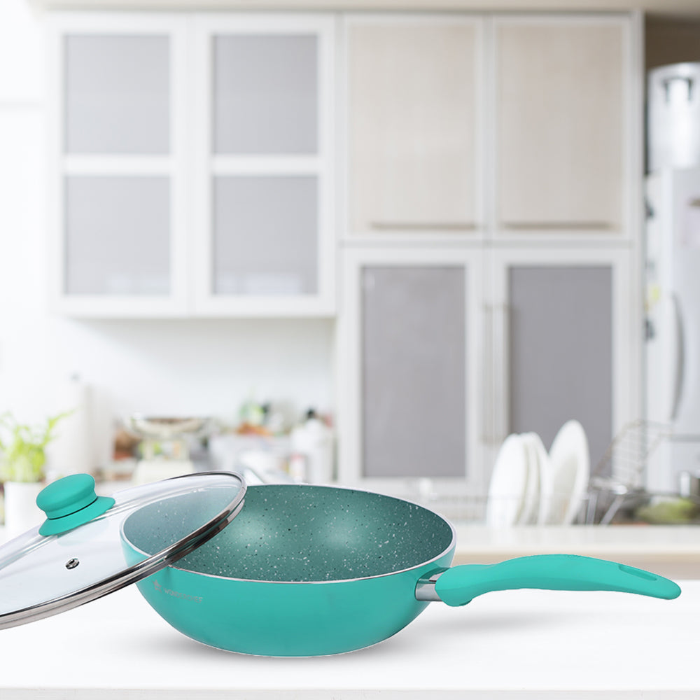 Celebration Non-stick Cookware Set, 5Pc (Wok with Lid, Mini Fry Pan, Dosa Tawa, Grill Pan), Induction Friendly, Soft Touch Handle, Pure Grade Aluminium, PFOA/Heavy Metals Free, 2.2mm, 2 Years Warranty, Turquoise blue