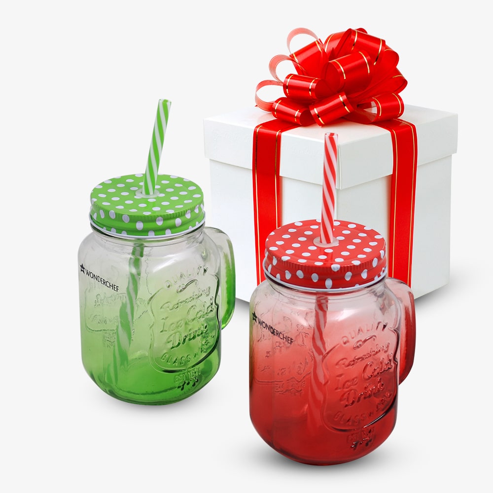 Mason Jar Set 450Ml (Red And Green)
