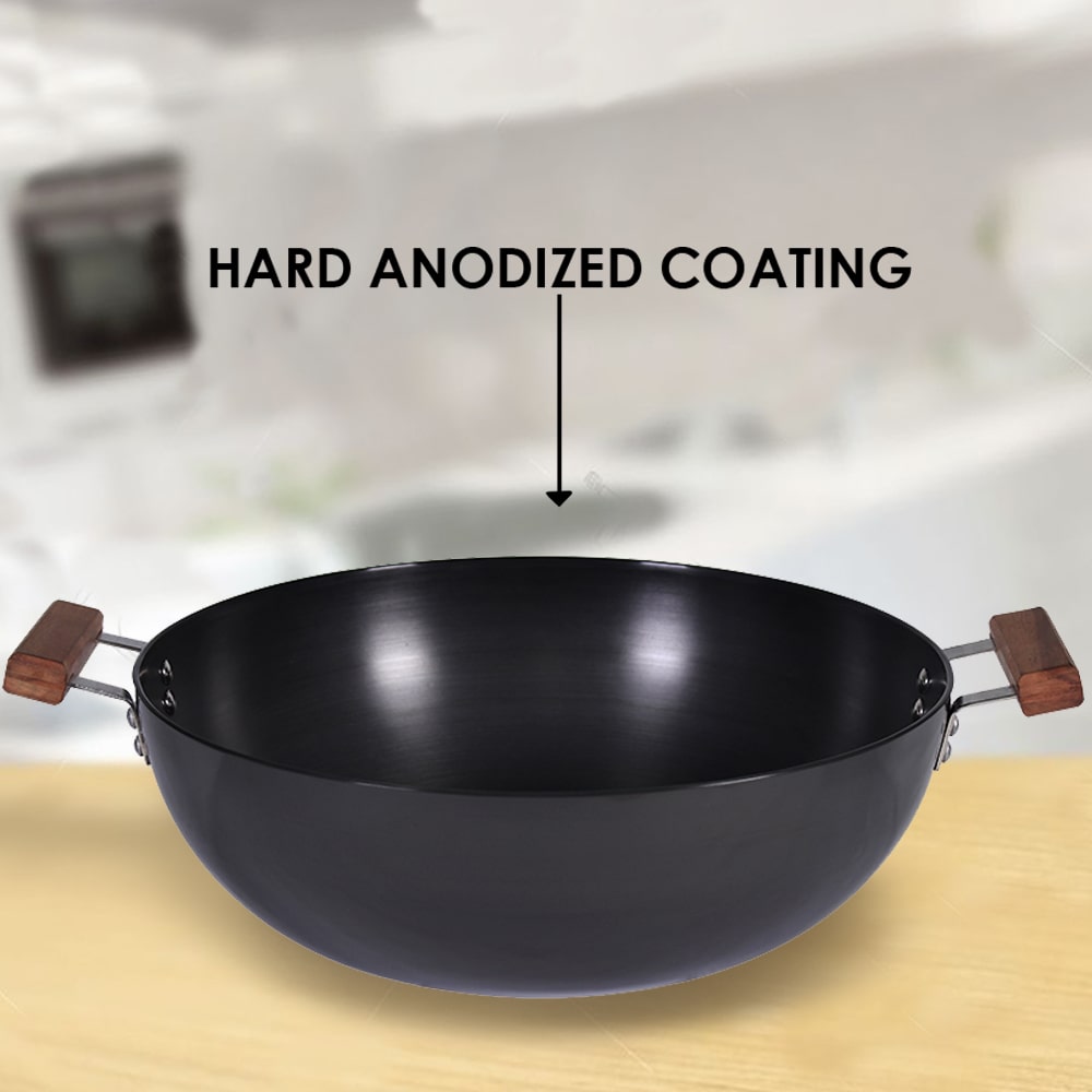 Ebony Hard Anodized 34 cm Deep Kadhai with Lid | 8 L| 3.25 mm thick| Ideal for Healthy Stir-frying, Saute, Curry | Black