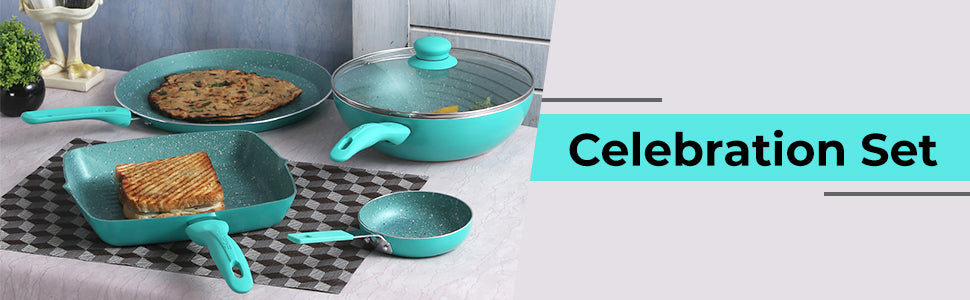 Celebration Non-stick Cookware Set, 5Pc (Wok with Lid, Mini Fry Pan, Dosa Tawa, Grill Pan), Induction Friendly, Soft Touch Handle, Pure Grade Aluminium, PFOA/Heavy Metals Free, 2.2mm, 2 Years Warranty, Turquoise blue