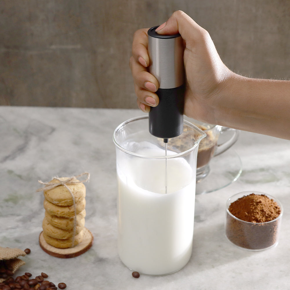 Two (2) Glass Milk Frother Cups , with stainless plate and string