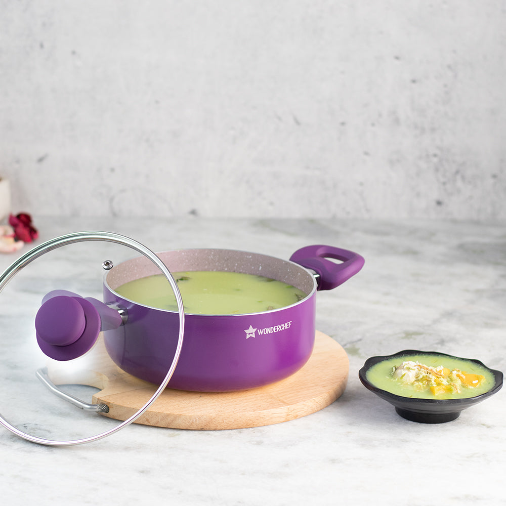 Royal Velvet 24cm Casserole with Glass Lid I Induction Ready | Soft-touch handles |Non – Toxic I Virgin Aluminium| 3 mm thick | 4.5 litres | 2 year warranty | Purple