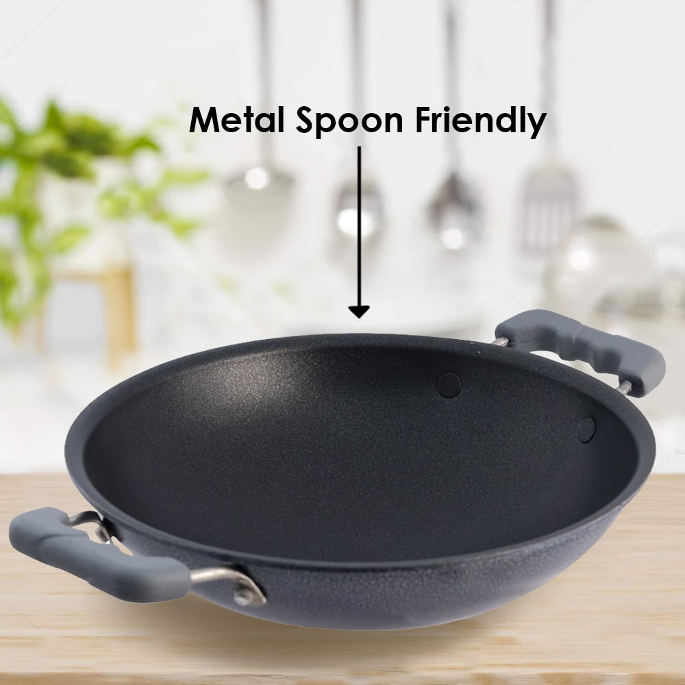 Appachetty Breakfast Pan with Lid | Nonstick Cookware | Appachatty | Chetty Pan | Appam Patra | Round Bottom Kadai | 3mm Thick | Black 22 cm | 1 Year Warranty