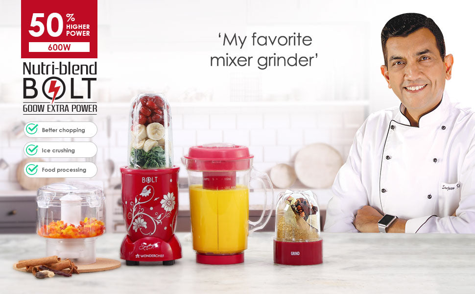 Nutri-blend BOLT-600W CKM Mixer with Chopper, Stronger & Swifter with Sipper Lid, 22000RPM 100% Full Copper Motor, 4 Unbreakable Jars, Sharper Steel Blades, Recipe Book by Chef Sanjeev Kapoor