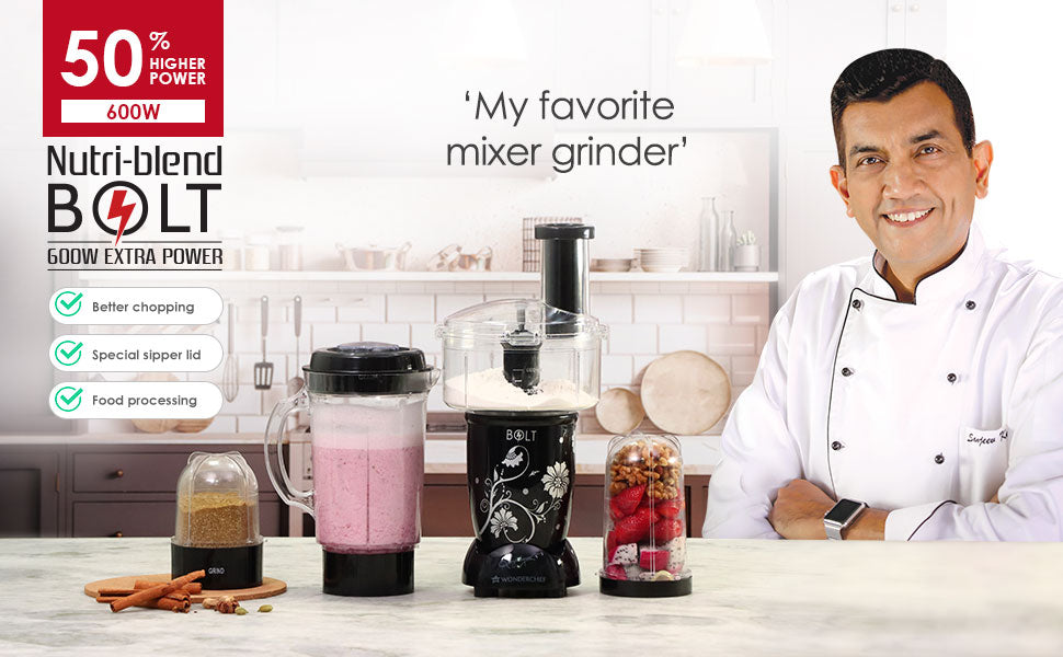 Nutri-blend BOLT-600W Mixer With Food Processor & Atta Kneader, Stronger & Swifter With Sipper Lid, 22000RPM 100% Full Copper Motor, 4 Unbreakable Jars, Sharper Steel Blades, 2 Yrs Warranty, Black, Recipe Book By Chef Sanjeev Kapoor