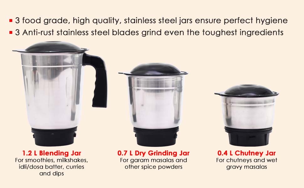 Ruby Mixer Grinder With 3 Jars and Anti-Rust Stainless Steel Blades, Ergonomic Handles, 550W, 5 Years Warranty, Red and Black