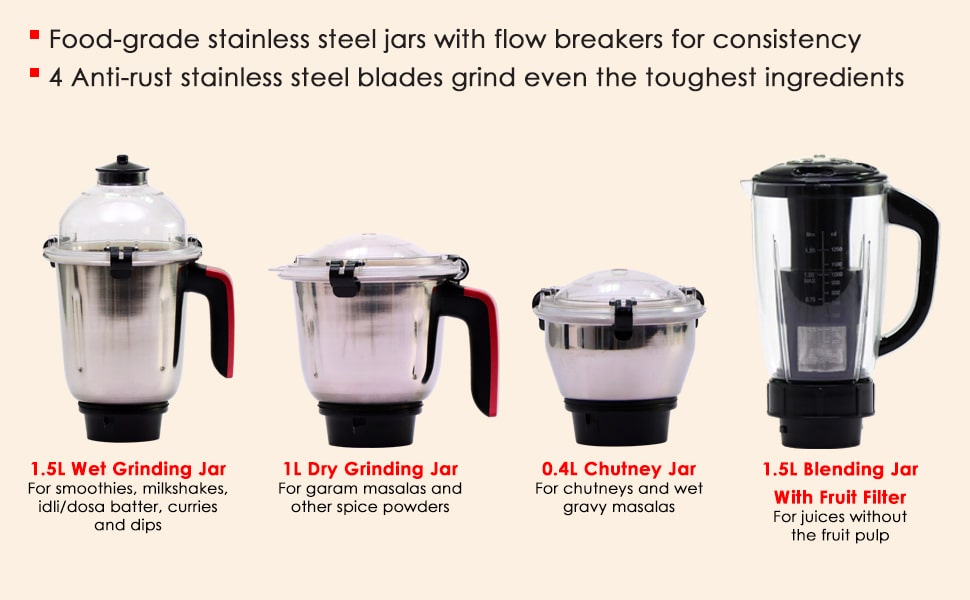 Sumo Mixer Grinder 1000W With 3 Stainless Steel & 1 Fruit Filter Jar 5 Years Warranty On Motor, Rust And Black, Long life motor