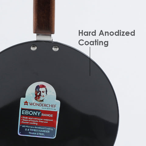 wonderchef ebony 25 cm roti tawa | induction bottom | wooden handle | hard anodized aluminium | non stick tawa| 4.06 mm | 5 years warranty | black