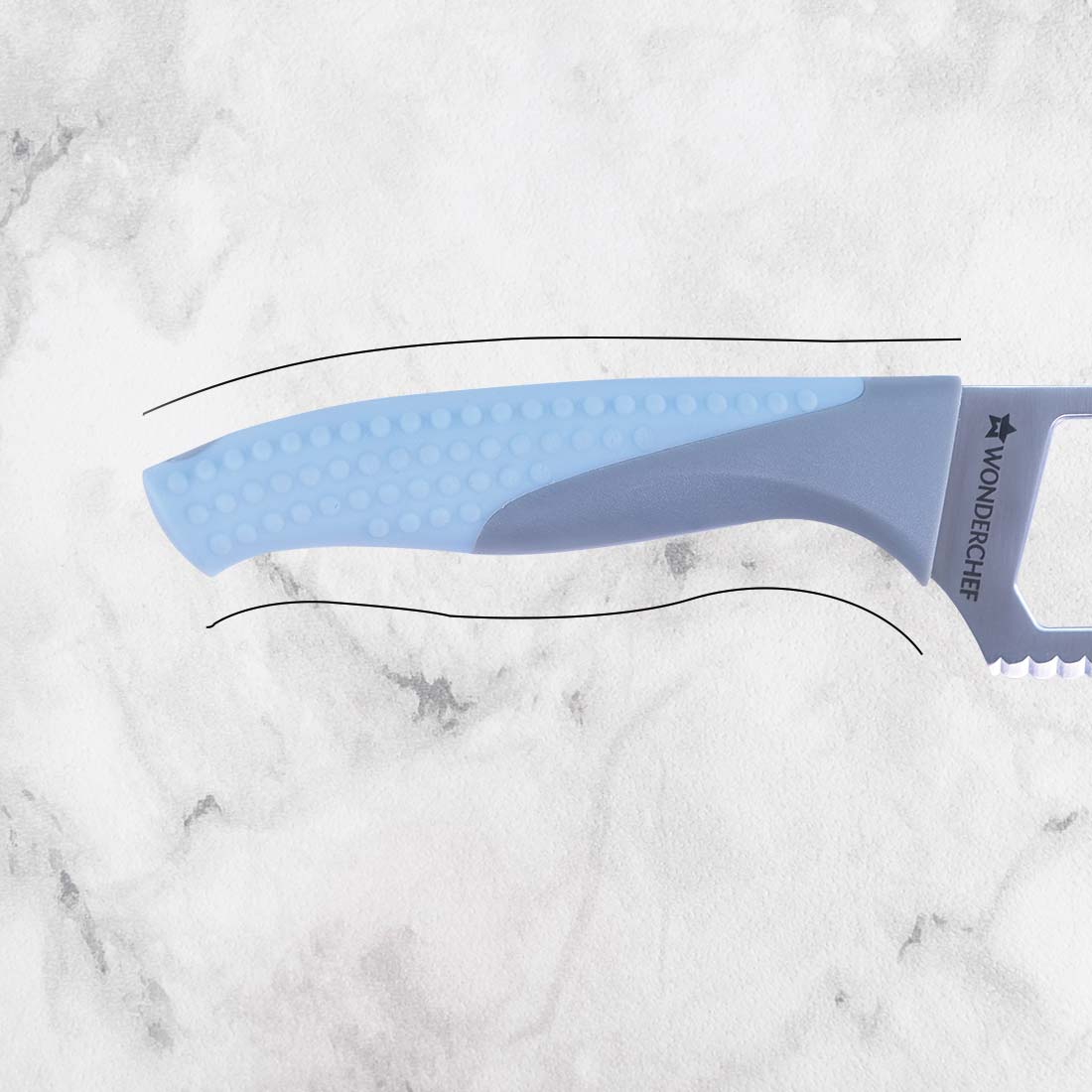 Easy Slice Stainless Steel Knife 8 Inches, Razor Sharp Double-Edged Blade, Hollow Blade Design, Full-Tang Construction, Plastic Guard for Protection, 5 Years Warranty, Blue