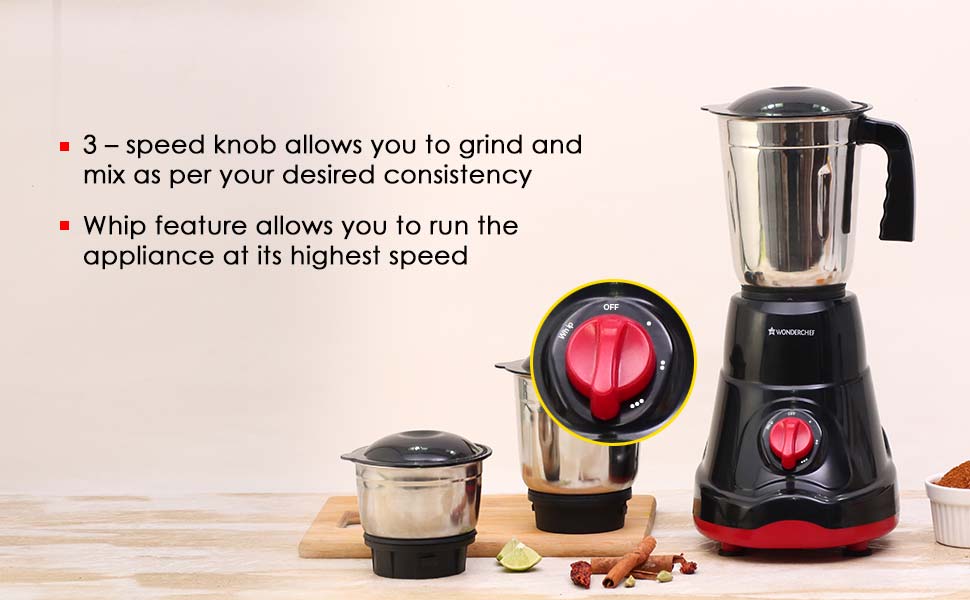 Ruby Mixer Grinder With 3 Jars and Anti-Rust Stainless Steel Blades, Ergonomic Handles, 550W, 5 Years Warranty, Red and Black
