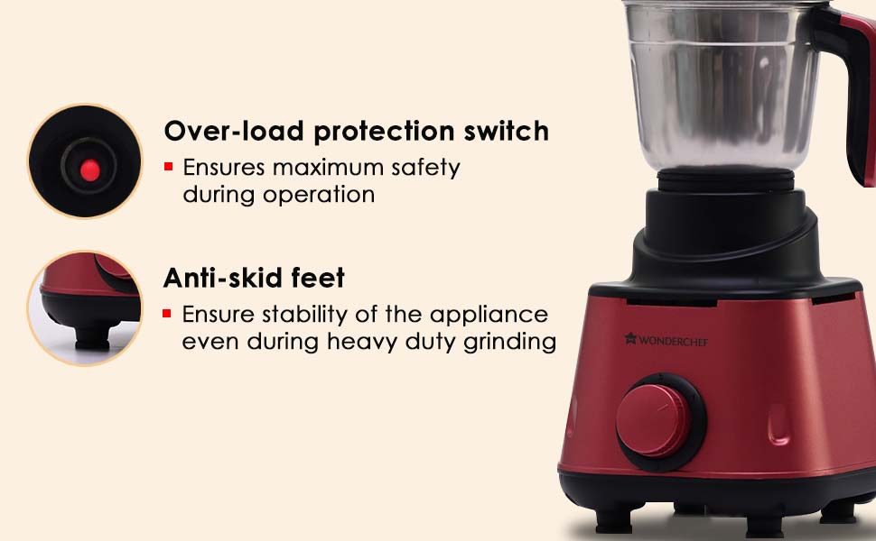 Sumo Mixer Grinder-600W With 3 Stainless Steel Jars and Anti-Rust Stainless Steel Blades, Ergonomic Handles, 5 Years Warranty on Motor, Red and Black