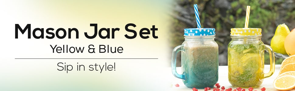 Mason Jar Set 450Ml (Yellow And Blue)