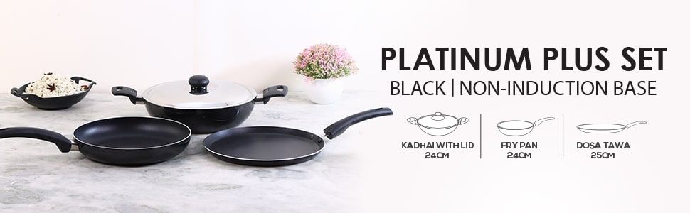 Platinum Plus Non-Stick Cookware Set of 4 | Kadhai with Glass Lid 24cm, Fry Pan 24cm & Dosa Tawa 25cm | Cool-Touch Bakelite Handle | Pure Grade Aluminium | PFOA Free | 1 Year Warranty | Black