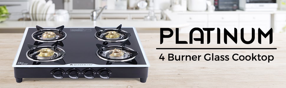 Platinum 4 Burner Manual Glass Cooktop | 6mm Toughened Glass Cooktop | Stainless Steel Drip tray | Anti-Skid Legs | Large Pan support | Manual Ignition | Black steel frame | 2 Year Warranty | Black