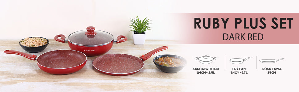 Ruby Plus Cookware Set, 4pc (Dosa Tawa, Fry Pan, Kadhai with Lid), Induction Friendly, Virgin Aluminum,  PFOA/Heavy metal free, 2 Years Warranty,  Dark Red