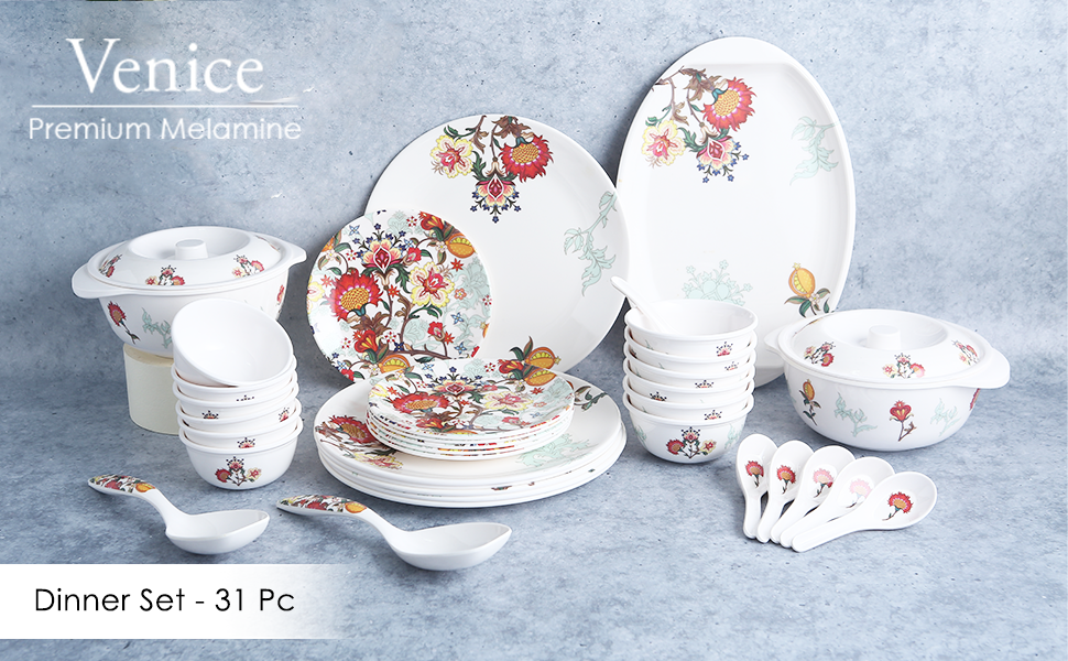 Venice Red Dinner Set of 31 Pcs | 100% Food Grade Melamine | Elegant | Break & Stain Resistant | Designer Dinnerware