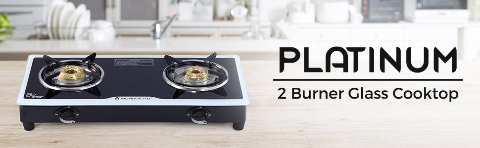 Platinum 2 Burner Glass Cooktop, Black 6mm Toughened Glass with 1 Year Warranty, Ergonomic Knobs, Stainless Steel Drip Tray, Manual Ignition Gas Stove