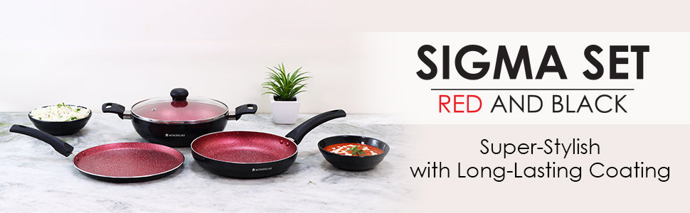 Sigma Non-stick Cookware Set, 4Pc (Kadhai with Lid, Dosa Tawa, Fry Pan), Induction Bottom, Cool Touch Bakelite Handles, Virgin Aluminium, PFOA Free, 2 Years Warranty, Red and Black