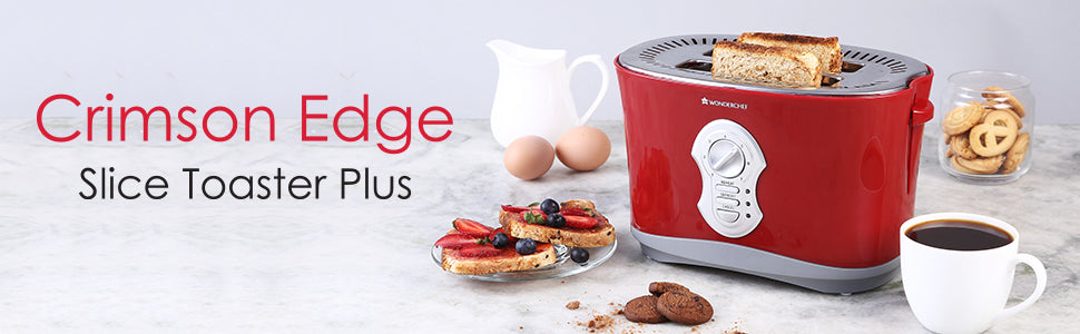 Crimson Edge Slice Toaster with Defrost, Reheat & Cancel Function | 800 Watt | 2 Bread Slice Automatic Pop-up Electric Toaster | 7- Level Browning Controls | Auto Shut Off | Mid Cycle Cancel Feature | Removable Tray | Easy to Clean | Red | 2 Year Warranty