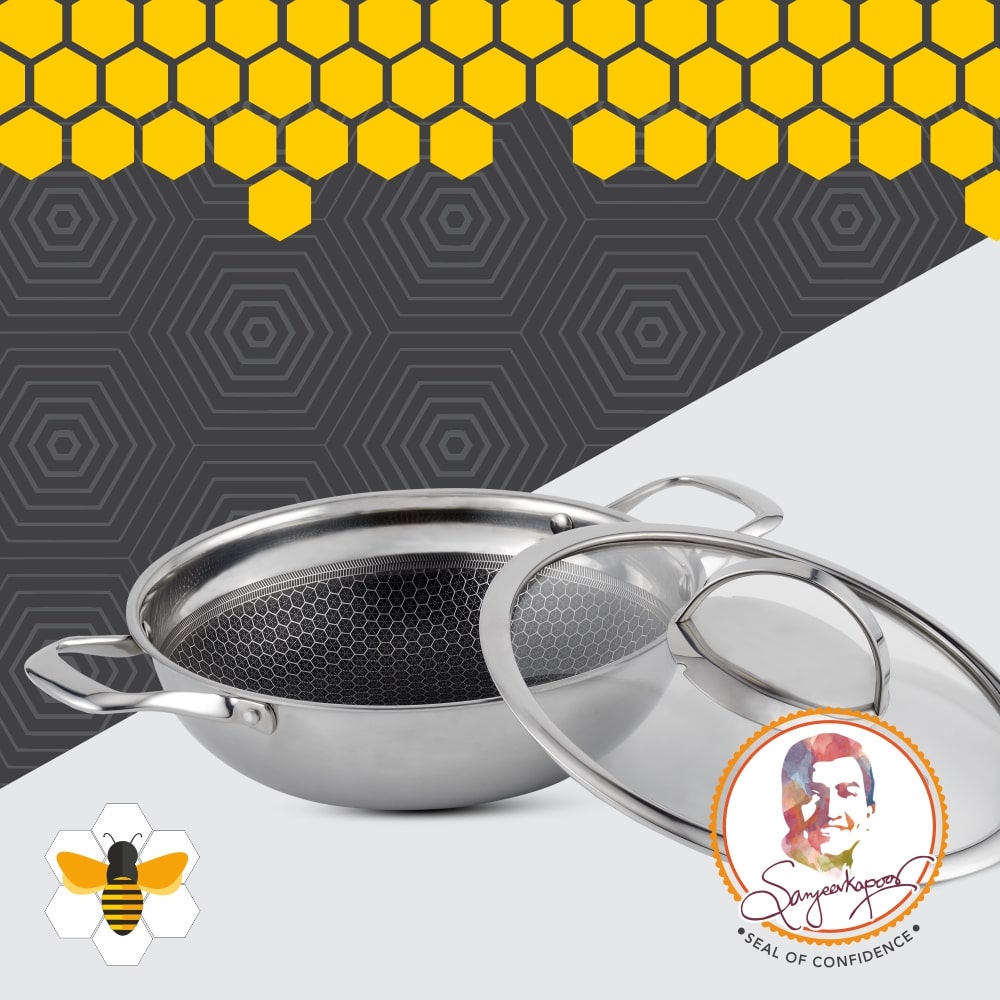 Stanton 28 cm Non-stick Kadhai/Kadai with Lid - 3.4 Litre | 3 ply steel