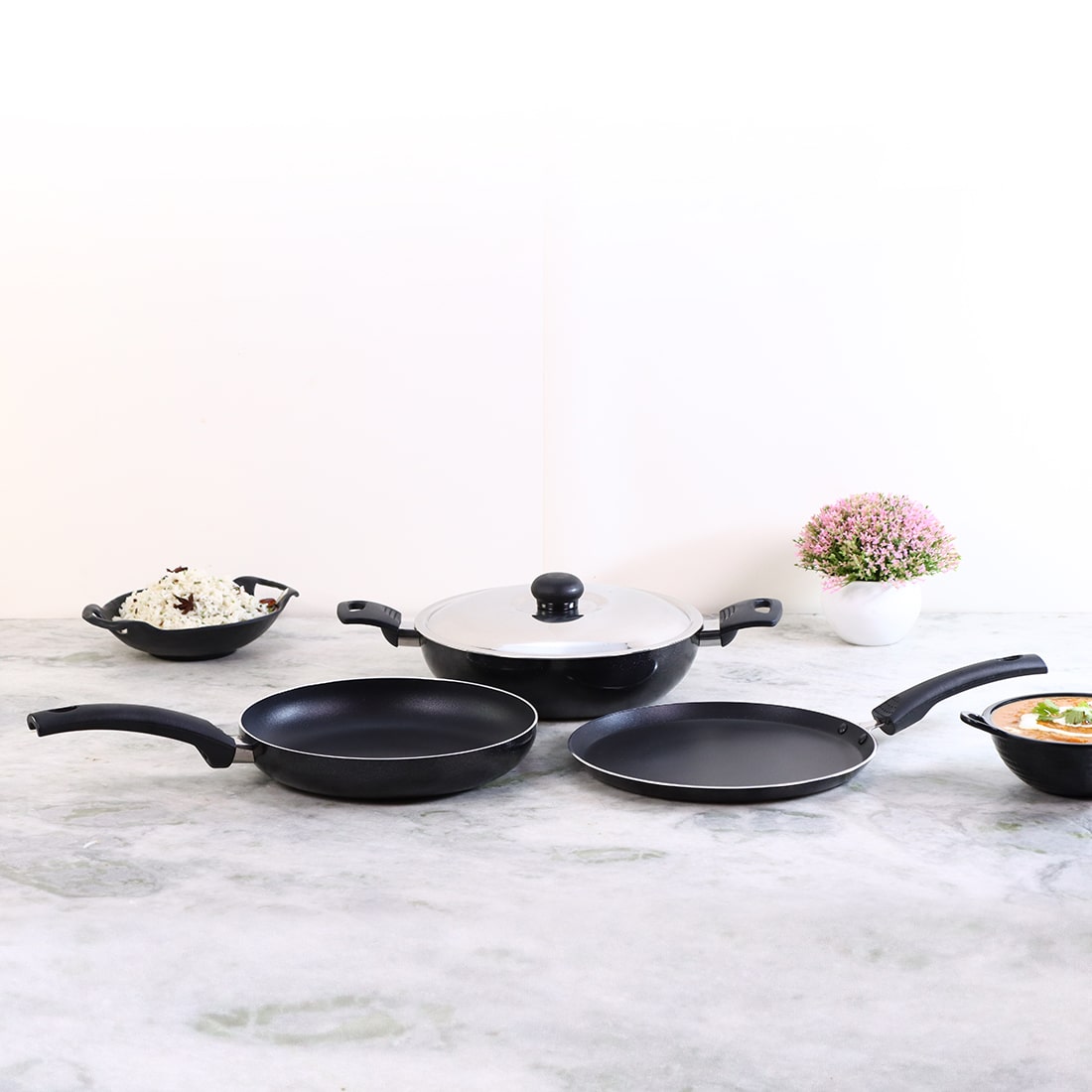 Platinum Plus Non-Stick Cookware Set of 4 | Kadhai with Glass Lid 24cm, Fry Pan 24cm & Dosa Tawa 25cm | Cool-Touch Bakelite Handle | Pure Grade Aluminium | PFOA Free | 1 Year Warranty | Black