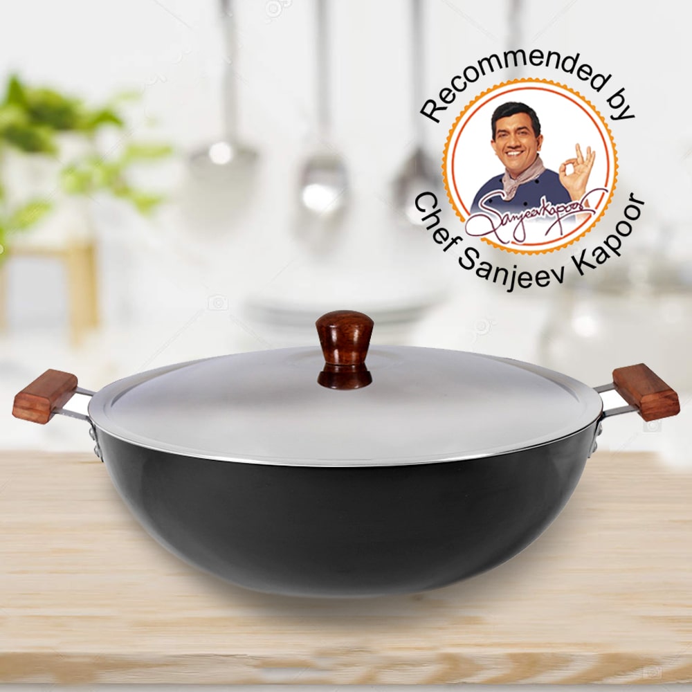 Ebony Hard Anodized 34 cm Deep Kadhai with Lid | 8 L| 3.25 mm thick| Ideal for Healthy Stir-frying, Saute, Curry | Black