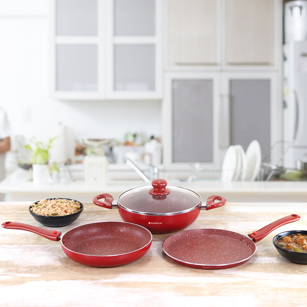 Ruby Plus Cookware Set, 4pc (Dosa Tawa, Fry Pan, Kadhai with Lid), Induction Friendly, Virgin Aluminum,  PFOA/Heavy metal free, 2 Years Warranty,  Dark Red