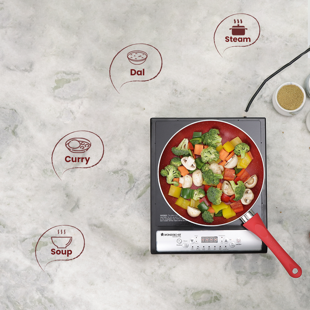 Torino Induction Cooktop with 11 Pre-set Cooking Menus|2000 Watt Induction Cooktop| Eco-friendly IGBT Technology|Crystal Glass Top Surface| LCD Digital Panel | Smart Touch Buttons|Compact & Portable Induction Cooktop| 2 Year Warranty