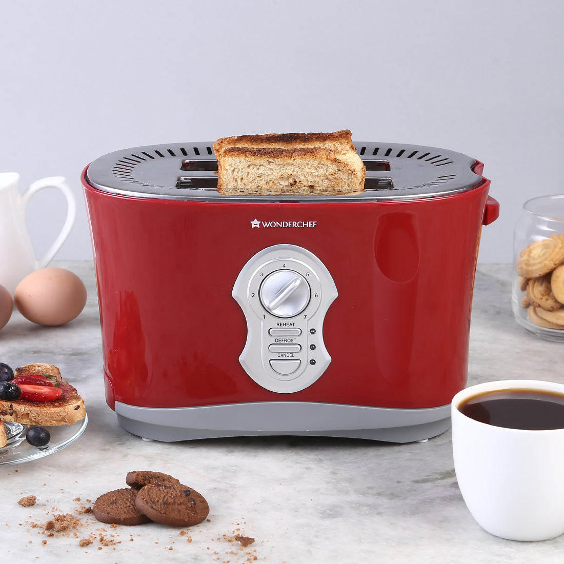 Crimson Edge Slice Toaster with Defrost, Reheat & Cancel Function | 800 Watt | 2 Bread Slice Automatic Pop-up Electric Toaster | 7- Level Browning Controls | Auto Shut Off | Mid Cycle Cancel Feature | Removable Tray | Easy to Clean | Red | 2 Year Warranty