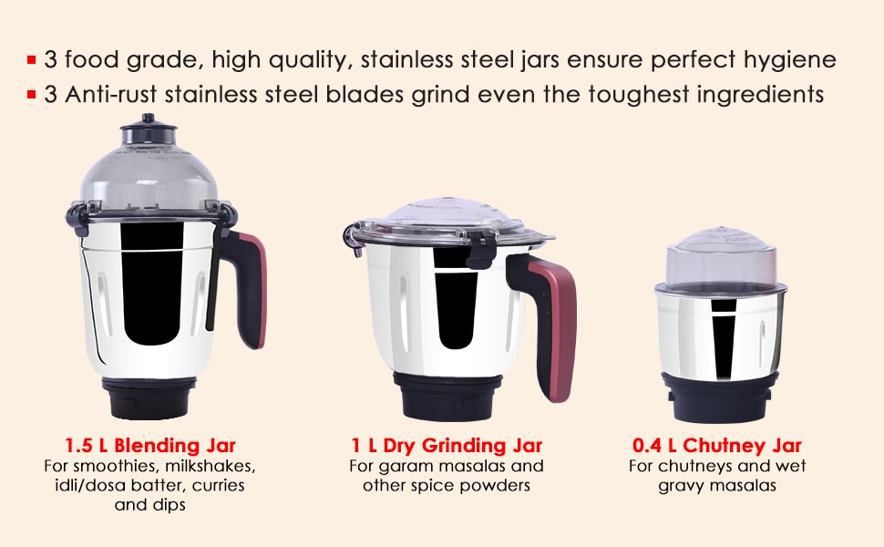 Vietri Mixer Grinder, 550W with 3 Anti-rust Stainless Steel Jars and B –  Wonderchef