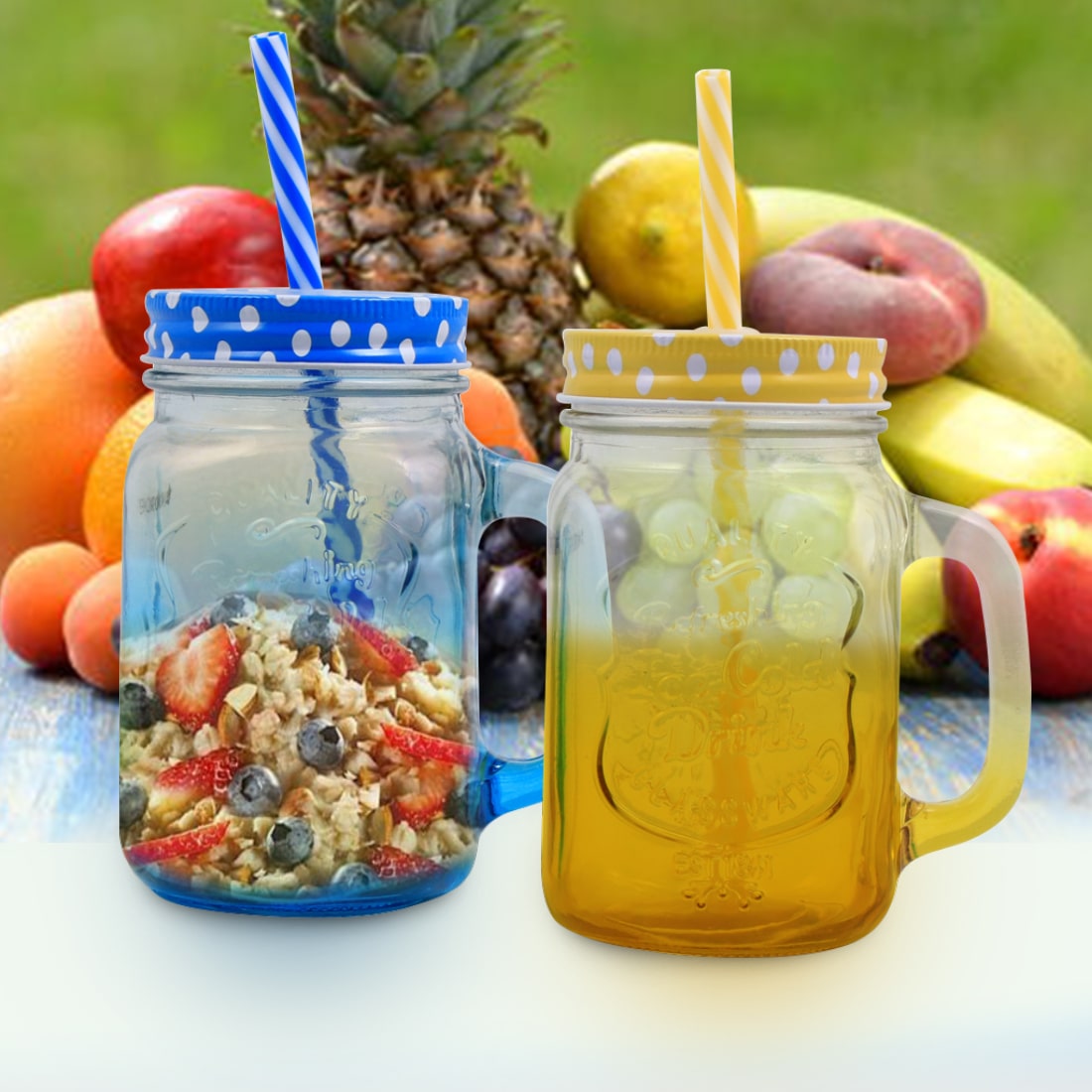 Mason Jar Set 450Ml (Yellow And Blue)