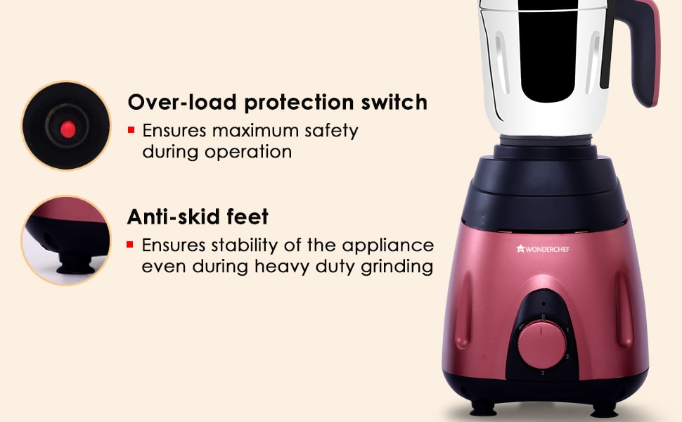 Vietri Mixer Grinder 750W with 3 Thick Steel Jars, Stainless Steel Sharp Blades, Secure Lid, 3 Speed Settings, 5 years Warranty on Motor, Black & Red