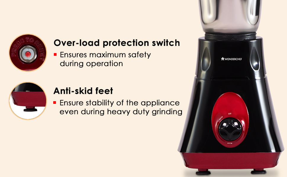 Vietri Mixer Grinder, 550W with 3 Anti-rust Stainless Steel Jars and Blades, 3-speed Knob, Anti-skid Feet, 5 Years Warranty on Copper Armature Motor, Black & Red