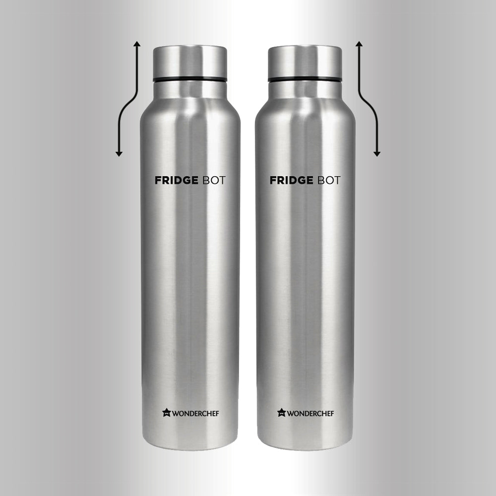 Stainless Steel Fridge-bot 1000 ml Each | Pack of 2 | Gift Box Packing | Single wall | Non-insulated | 304 Stainless Steel | Non Toxic | BPA free | Rust Free | Spill and Leak proof | Light weight | For Home & Office | Wide Mouth | 2 Years Warranty