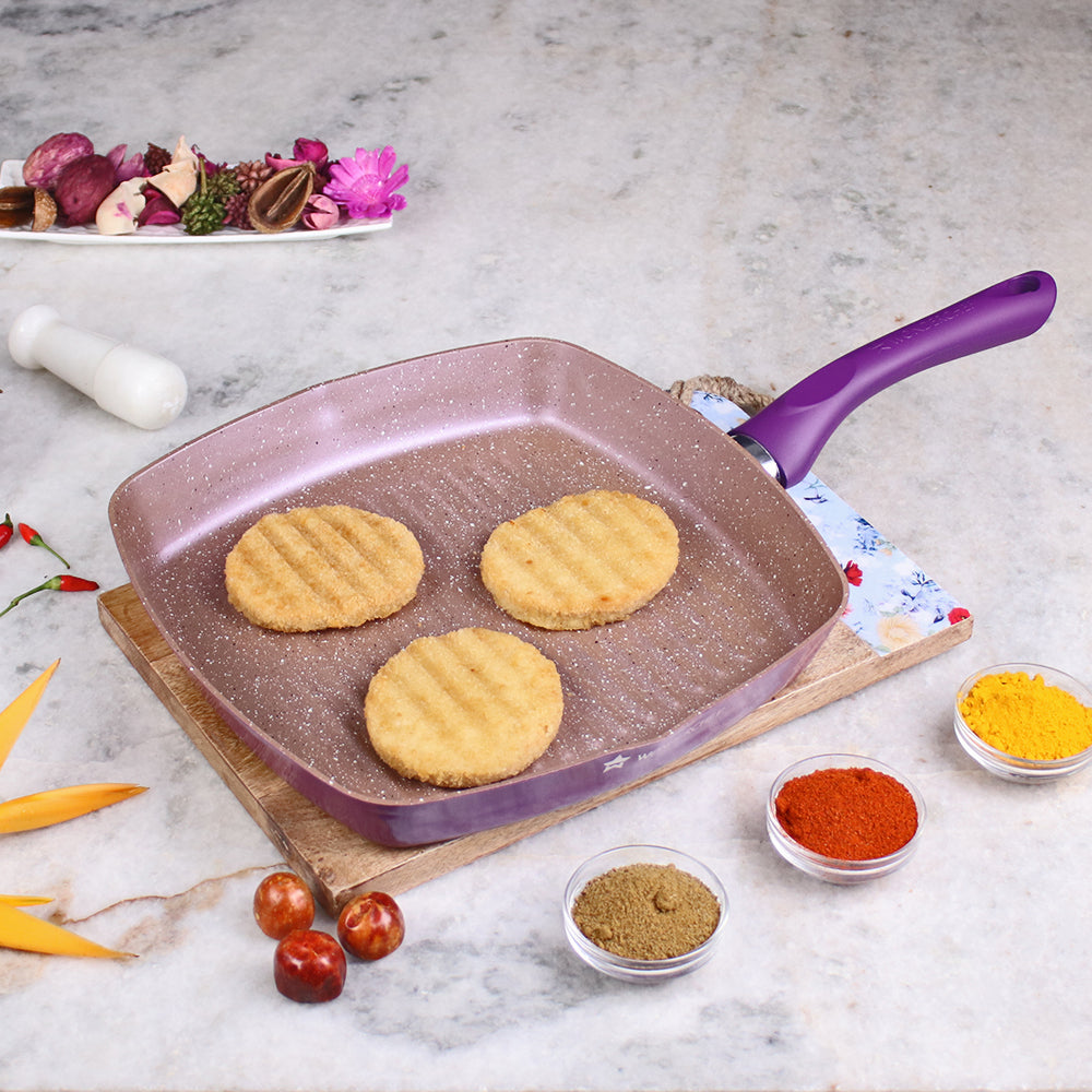 Royal Velvet 20cm Grill Pan | Soft-touch handles |Non – Toxic I Virgin Aluminium| 3 mm thick | 2 year warranty | Purple