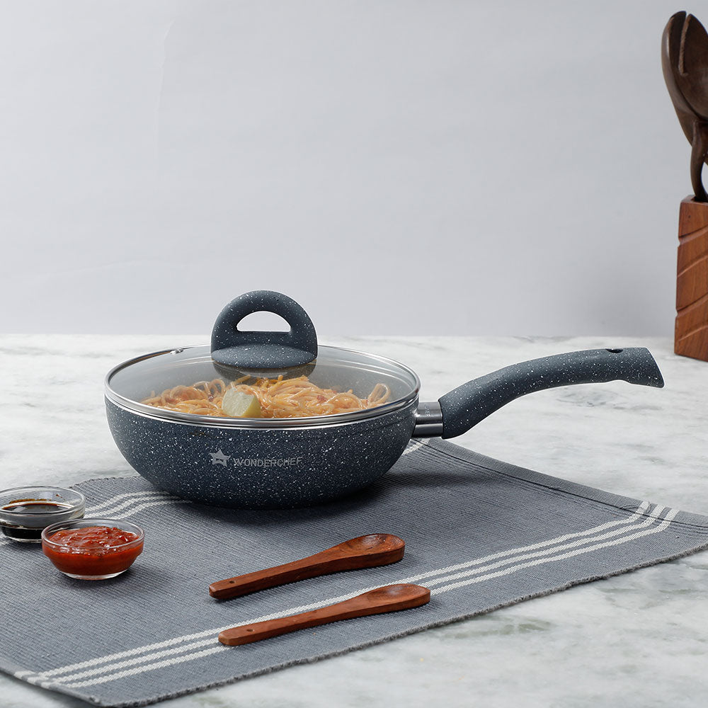 Granite 24 cm Non-Stick Wok | Glass Lid | Induction Bottom | Soft-Touch Handles | Virgin Aluminium | PFOA and Heavy Metals Free | 3.5mm Thick| 24cm, 2.7 litres | 2 Year Warranty | Grey