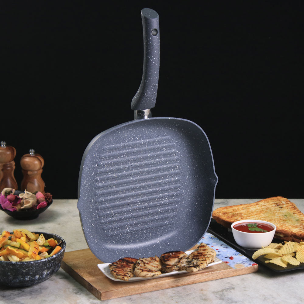 Granite 20 cm Non-Stick Grill Pan | Soft-Touch Handles | Virgin Grade Aluminium | PFOA & Heavy Metals Free | 3.5 mm thickness | Grill Pan Non-Stick | 1.35 liters | 2 Years Warranty | Grey