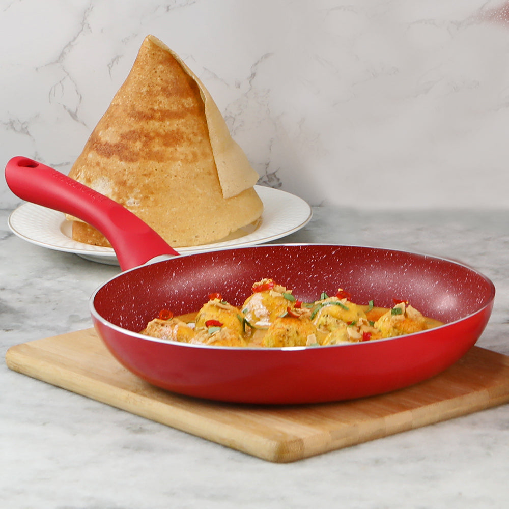 Royal Velvet 24 cm Non-Stick Fry Pan | Induction Bottom | Soft-Touch Handle | Virgin Grade Aluminium | PFOA & Heavy Metals Free | 3 mm | 1.8 litres | 2 Years Warranty | Red