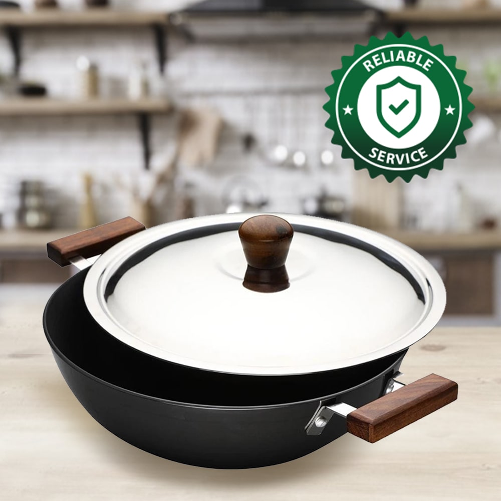 Ebony Hard Anodized 28 cm Wok with Lid | 4.5 Litre | Ideal for Biryani, Pulao|  Black / Brown