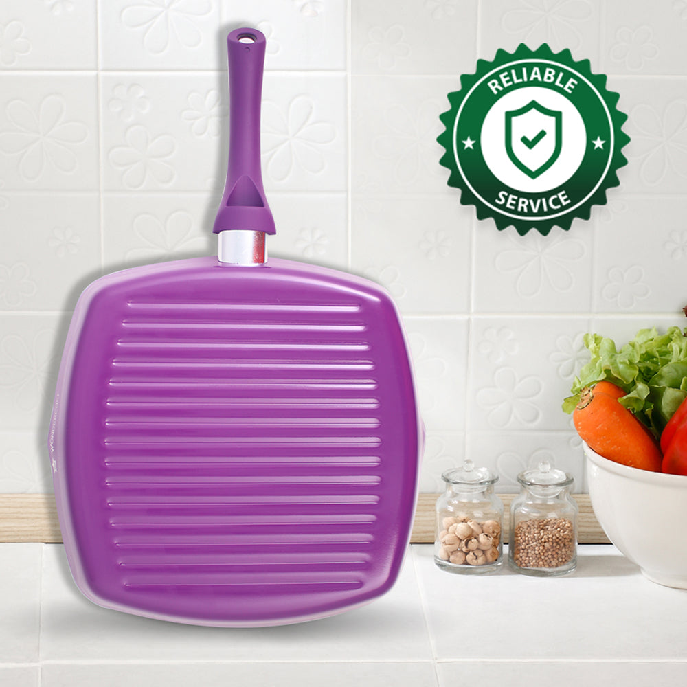 Royal Velvet 24cm Grill Pan | Soft-touch handles |Non – Toxic I Virgin Aluminium| 3 mm thick | 2 year warranty | Purple