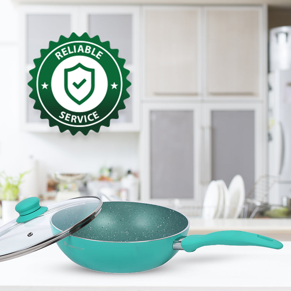 Celebration Non-stick Cookware Set, 5Pc (Wok with Lid, Mini Fry Pan, Dosa Tawa, Grill Pan), Induction Friendly, Soft Touch Handle, Pure Grade Aluminium, PFOA/Heavy Metals Free, 2.2mm, 2 Years Warranty, Turquoise blue
