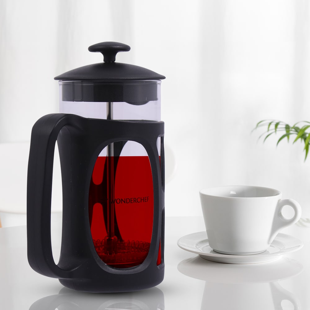 French Press Coffee & Tea Maker 350 ml|Premium Heat Resistant Borosilicate Glass Carafe|4 Level Filtration System|Stainless Steel Plunger with Mesh|Perfect for Coffee Brew Enthusiasts|1-2 Cups of Coffee|Brews in Just 3 Minutes|Black|1 Year Warranty