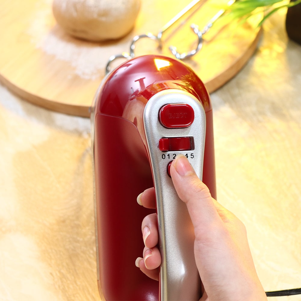 Crimson Edge 5 Speed Electric Hand Mixer | 300W Powerful Copper Motor | TurboSpeed I Adjustable Slow Speed Start I Hand Blender | Stainless Steel Whisk Beaters and Dough Hooks | 2 Years Warranty | Bakeware I Red