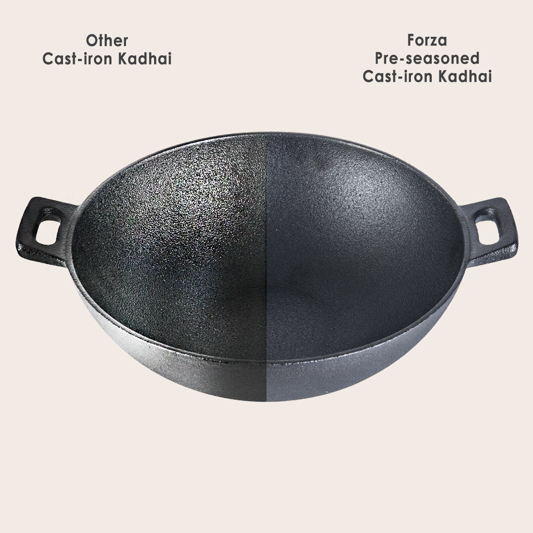 Forza 24 cm Cast-iron Kadhai, Pre-Seasoned Cookware, Induction Friendly, 1.9L, 3.8mm