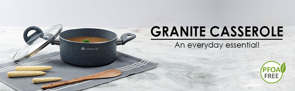 Granite 24 cm Non-Stick Casserole | Glass Lid |Induction Bottom | Soft-Touch Handles | Virgin Aluminium | PFOA and Heavy Metals Free | 3.5mm | 4 liters | 2 Year Warranty | Grey