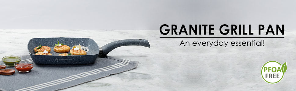 Granite Non-stick Grill Pan, Soft-touch Handle, Virgin Grade Aluminium, PFOA/Heavy metals free, 3.5mm, 2 years warranty, Grey