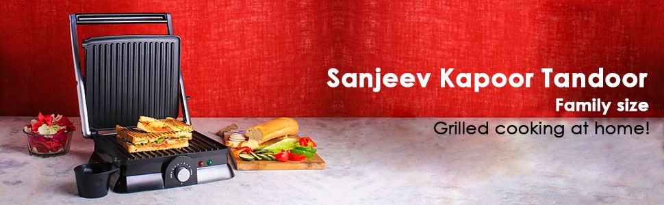 Sanjeev Kapoor Tandoor Family Size| Electric Contact Grill & Sandwich Maker| 3-in-1 Appliance|1600 Watt|180 Degree Grilling|Cool Touch Handle|Auto Shut Off|2 Year Warranty| Black & Silver