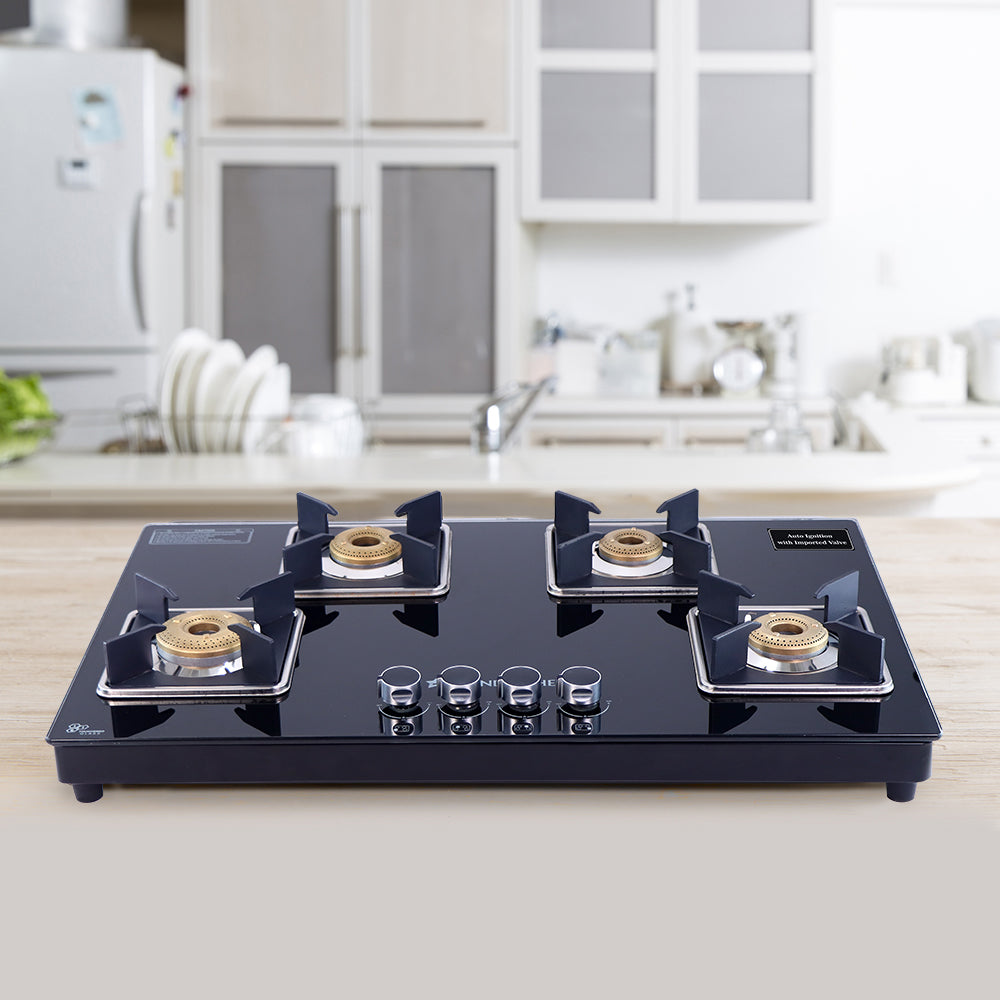 Octavia Auto 4 Burner, Ergonomic knobs, 8 mm thick toughened glass, 2 Years warranty